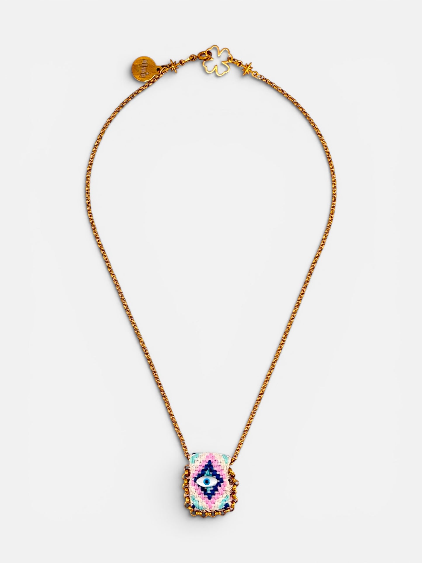 Collier œil porte-bonheur Bingo Ojo Aurora, tissage pastel menthe et lavande, œil en nacre, chaîne acier inoxydable doré, fait main