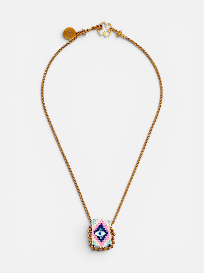 Collier œil porte-bonheur Bingo Ojo Aurora, tissage pastel menthe et lavande, œil en nacre, chaîne acier inoxydable doré, fait main