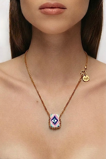 Collier œil porte-bonheur Bingo Ojo Aurora, tissage pastel menthe et lavande, œil en nacre, chaîne acier inoxydable doré, fait main
