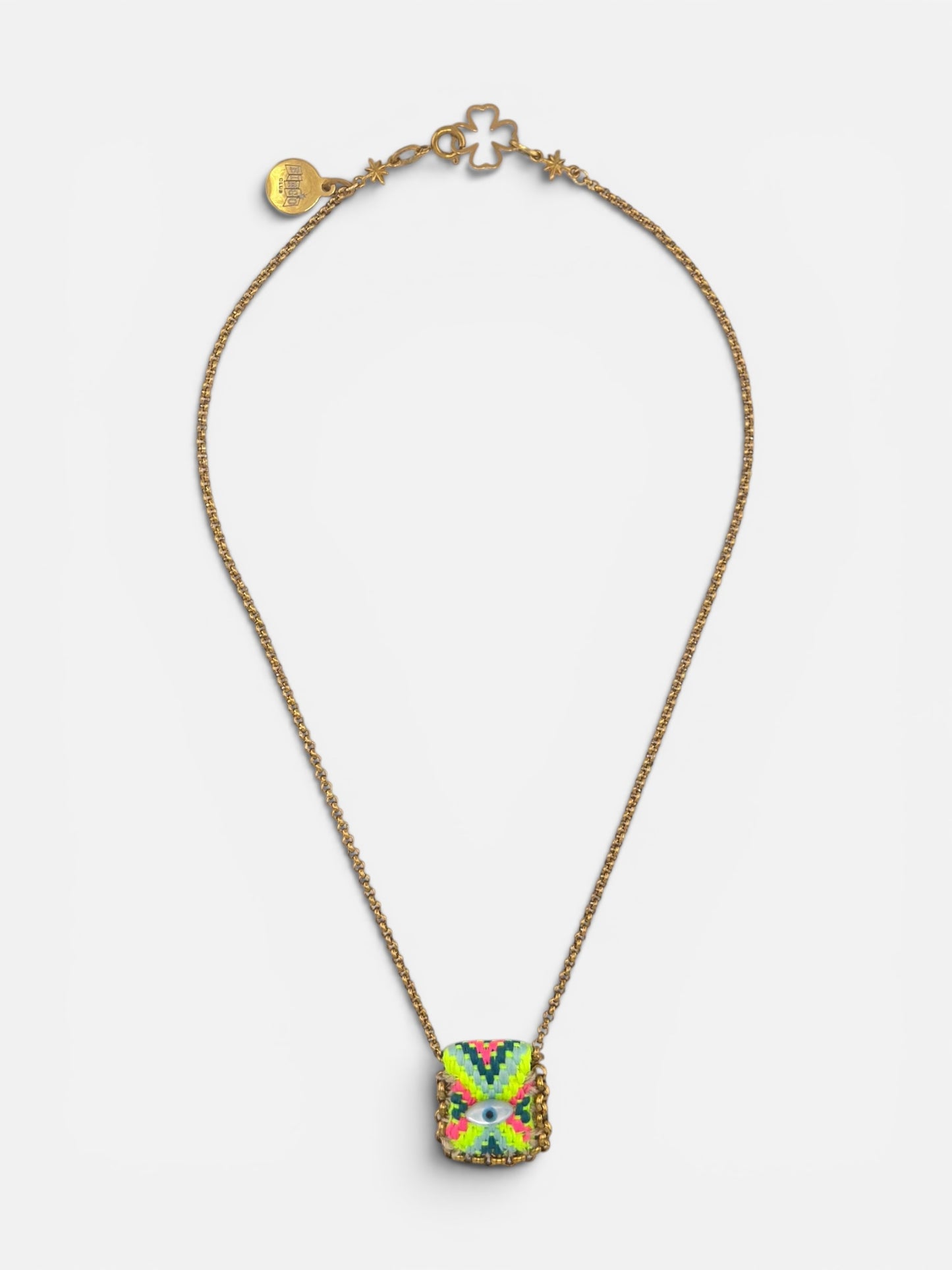 Collier œil porte-bonheur Bingo Ojo Carnaval, tissage néon multicolore, œil en nacre, chaîne acier inoxydable doré, fait main