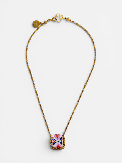 Collier œil porte-bonheur Bingo Ojo Coral Fever, tissage corail, rouge et blanc, œil en nacre, chaîne acier inoxydable doré, fait main