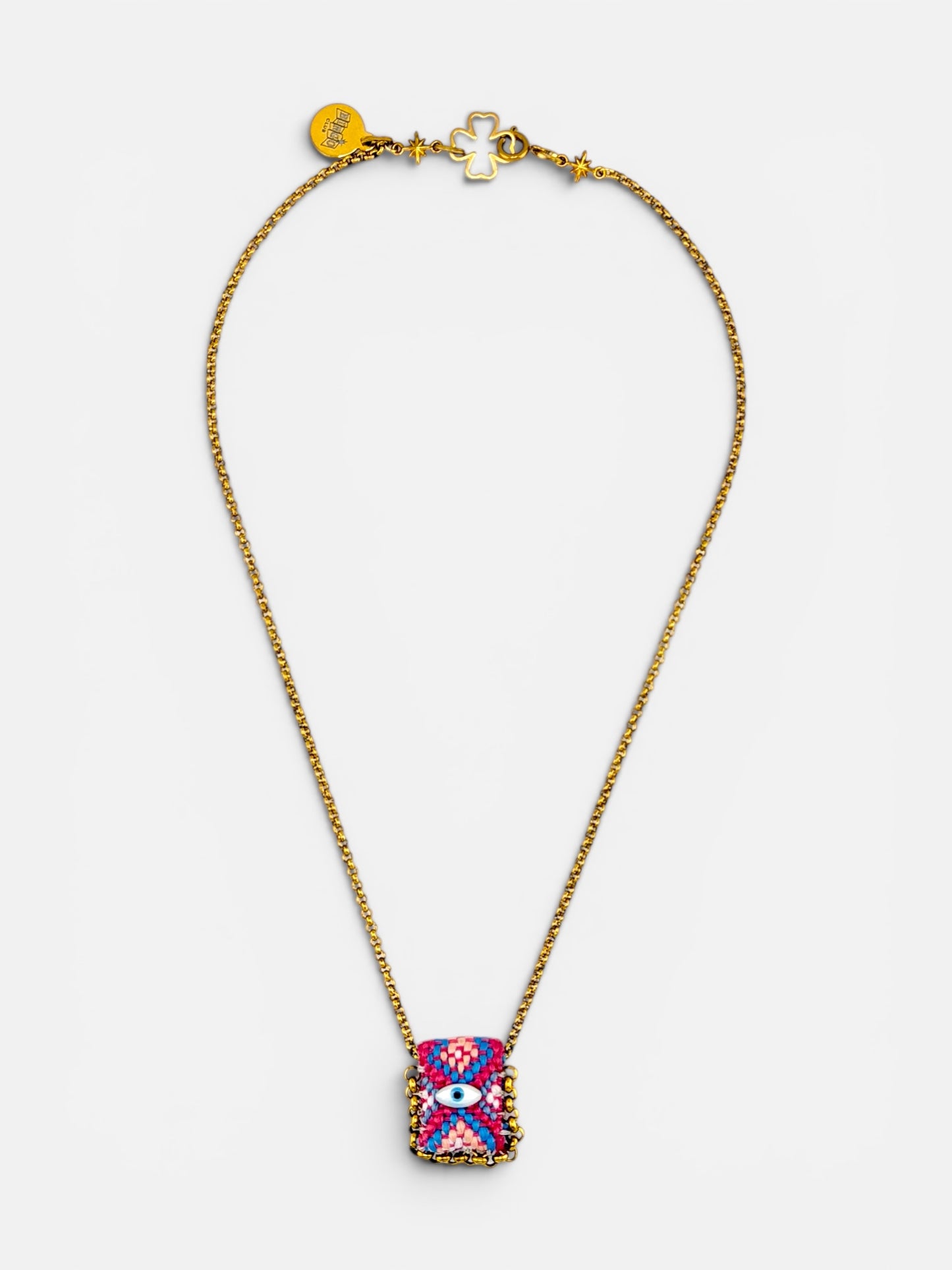 Collier œil porte-bonheur Bingo Ojo Fiesta, tissage rose, bleu et corail, œil en nacre, chaîne acier inoxydable doré, fait main