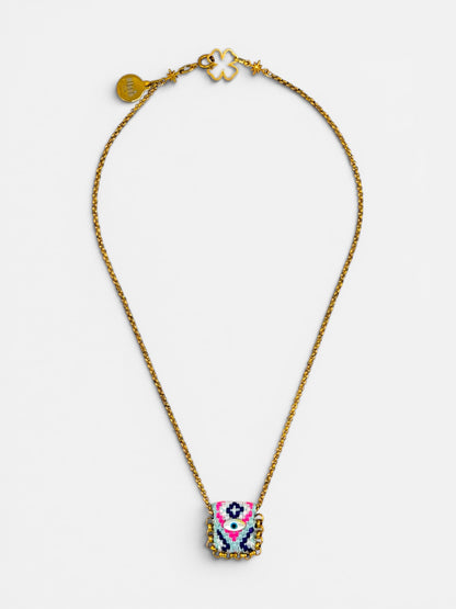 Collier œil porte-bonheur Bingo Ojo Frida, tissage rose, bleu marine et menthe, œil en nacre, chaîne acier inoxydable doré, fait main