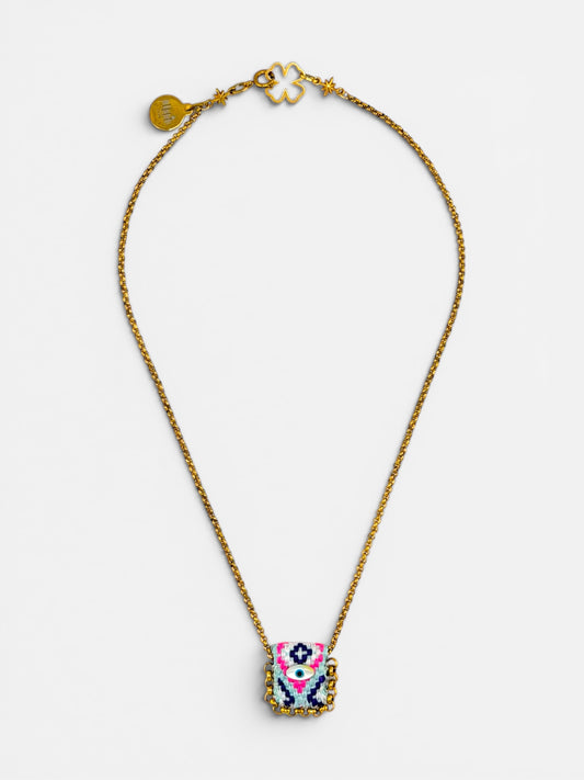 Collier œil porte-bonheur Bingo Ojo Frida, tissage rose, bleu marine et menthe, œil en nacre, chaîne acier inoxydable doré, fait main