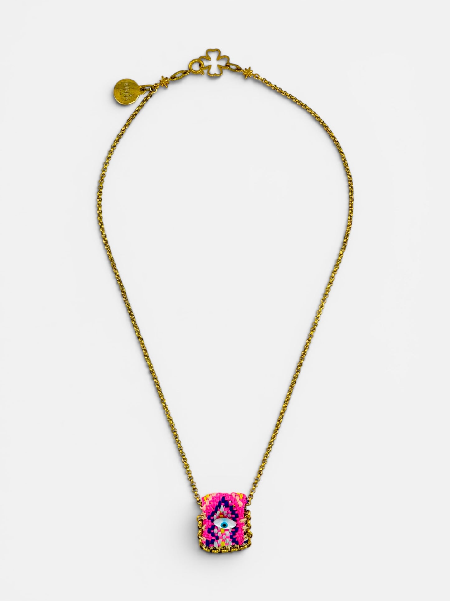 Collier œil porte-bonheur Bingo Ojo Santa Fe, tissage tons terre et turquoise, œil en nacre, chaîne acier doré, fait main
