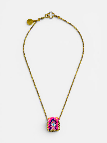 Collier œil porte-bonheur Bingo Ojo Santa Fe, tissage tons terre et turquoise, œil en nacre, chaîne acier doré, fait main